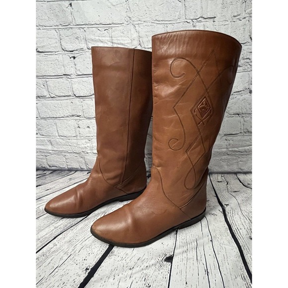 VIA MILANO Vtg‎ 80's Boca Soft Embroidered Leather Brown English Riding Boots 7B - Picture 1 of 8